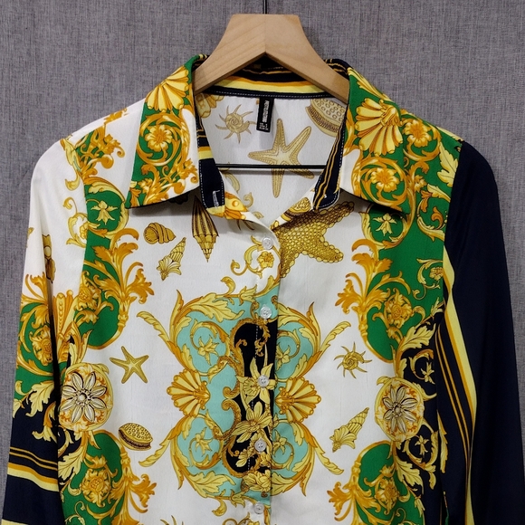 Prettylittlething Shell Chain Print Button Shirt Women's 2 Multicolor Artsy Y2K - Picture 3 of 10